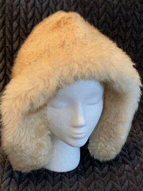 1960s Vintage Sheepskin Leather Bonnet Toque Winter Hat Fur Shearling Sheep